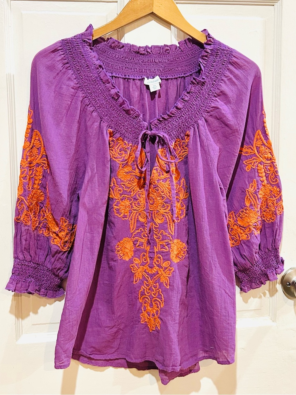 Sundance Purple & Orange Embroidered Boho Peasant Blouse 100% Cotton XS